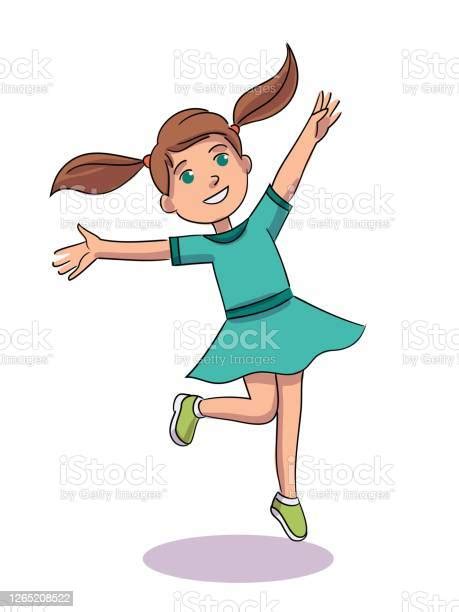 cute girl jumping up spreading her arms to sides person isolated stock illustration download