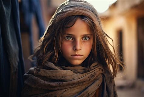 premium ai image close up of little arab girl wearing a veil in a slum area