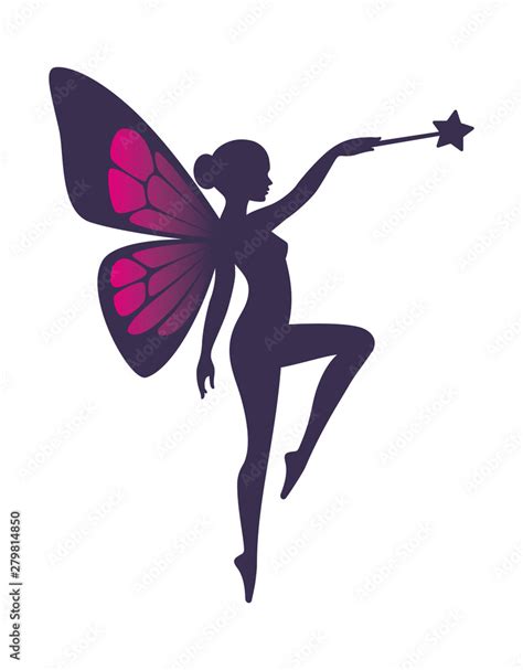 Vector Dark Blue Silhouette Cute Flying Woman With Butterfly Wings