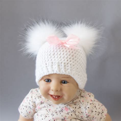 White Baby Girl Double Pom Pom Hat With Bow Preemie Hat Etsy