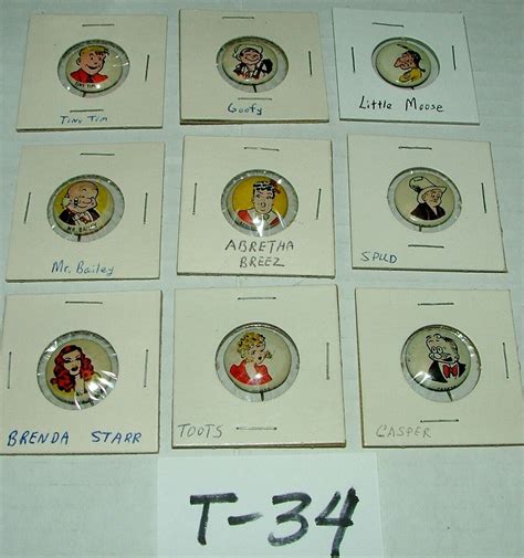 1940s Kelloggs Comic Strip Characters Pep Pins And Buttons Lot W 9 Pins