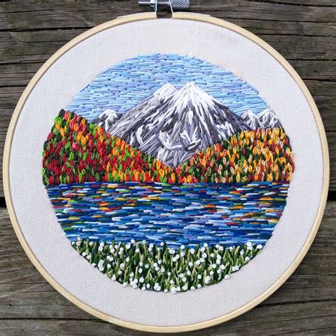 Canadian Mountain Landscape Scenery Embroidery Fiber Arts Embroidery