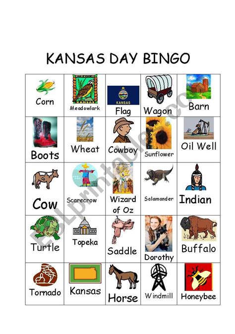 English Worksheets Kansas Day Bingo