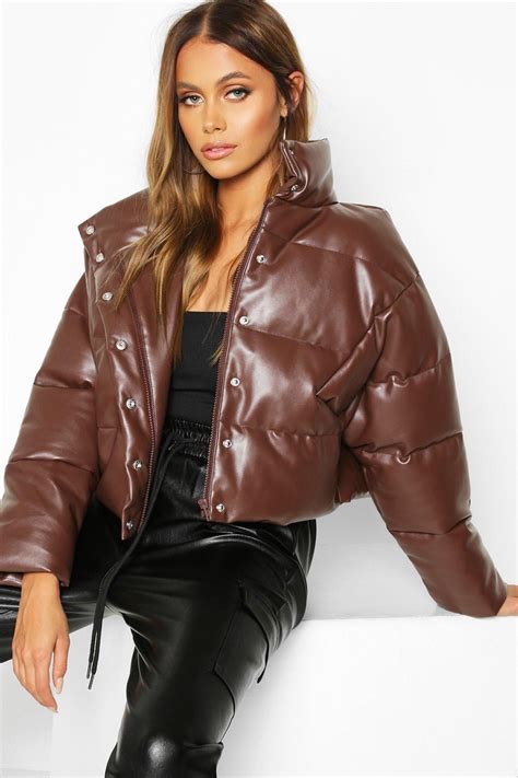 faux leather puffer boohoo in 2020 leather pants outfit leather