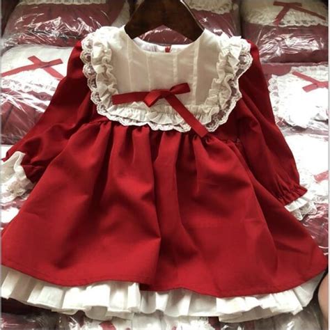 Baby Girl Red Dress Long Sleeve Lace Vintage Retro Kids