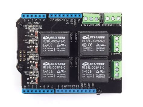 The relay shield is an arduino compatible smart module with 4 mechanical relays providing an easy way to control high voltage. SeeedStudio Relay Shield - Solarbotics Ltd.