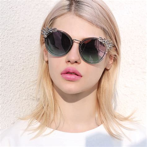 round sunglasses mirror luxury crystal rimless metal frame sunglasses women sexy cat s eye brand