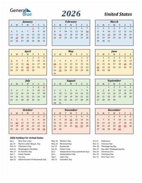 2026 United States Calendar With Holidays