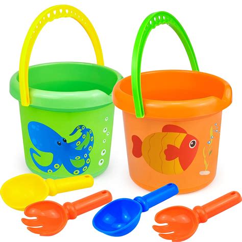 Yongnkids Beach Toys 7 Plastic Sand Bucket Set For Kids Toddlers