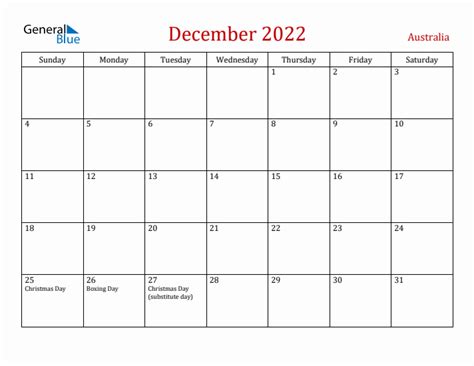 December 2022 Monthly Calendar With Australia Holidays