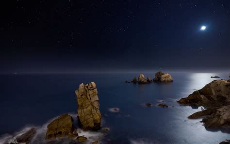 Nature Landscape Night Moon Rock Long Exposure Sea