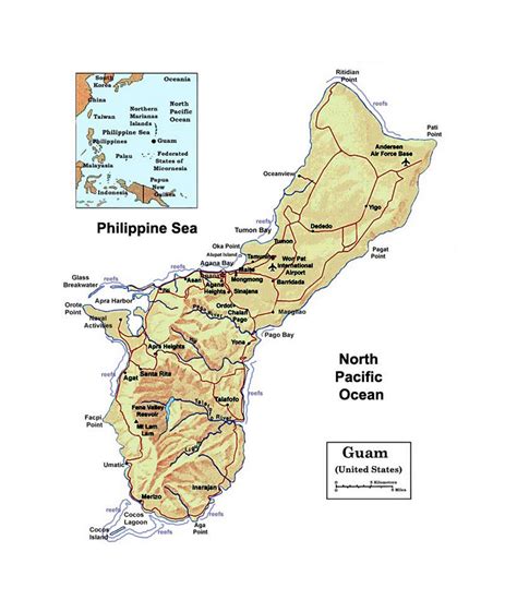 Detailed Political Map Of Guam With Relief Rivers Roads Cities And Airports Guam Oceania