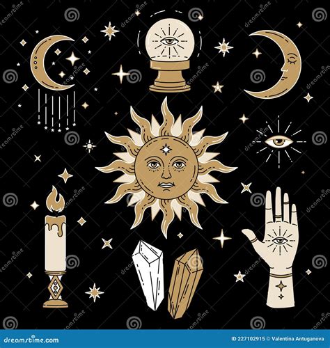 Celestial Magic Gold Colour Illustration Of Icons And Symbols Of Sun