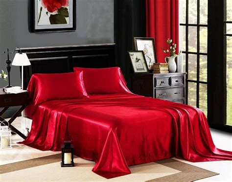Honeymoon Ultra Silky Soft Satin Queen Bed Sheet Set Red Satin