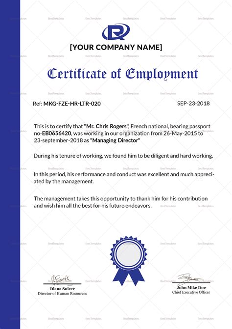 Excellent Employment Certificate Design Template In Psd Word