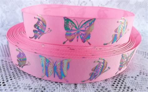 Butterfly Ribbon Pink Butterfly Ribbon With Foil Butterflies Etsy