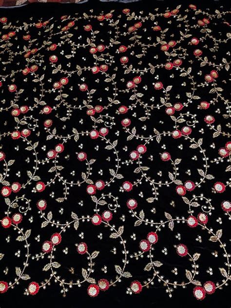 Black Velvet Floral Embroidery Sequence Work Fabric By Yard Etsy