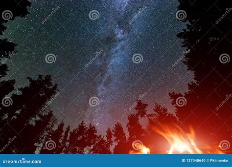 Milky Way Galaxy In Sky And Campfire Stock Photo Image Of Adventure