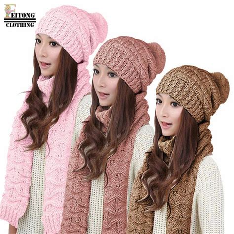 Feitong Pink Hat And Scarf Set Women Warm Woolen Knit Hood Scarf Shawl Caps Hats Suit Scarf And