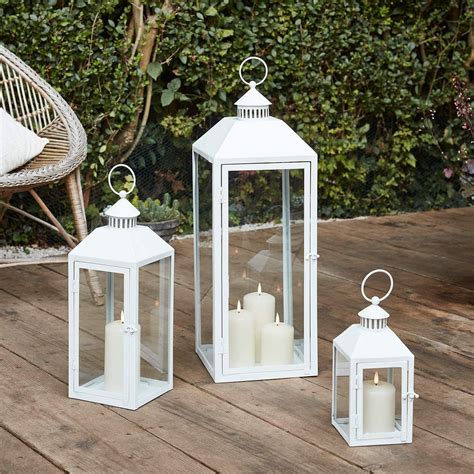 Lights4fun Set Of 3 Outdoor Large Floor Lanterns White Metal Truglow