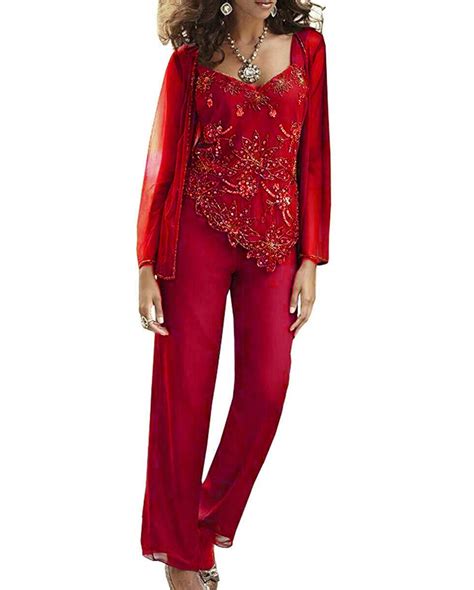 Fitty Lell Womens Chiffon Beaded Mother Of The Bride Pant Suits With