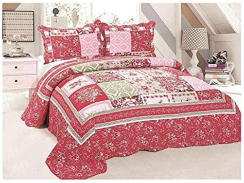 3 Piece 100 Cotton Quilt Set Printed Quilted Bedspread Queen Red 9268