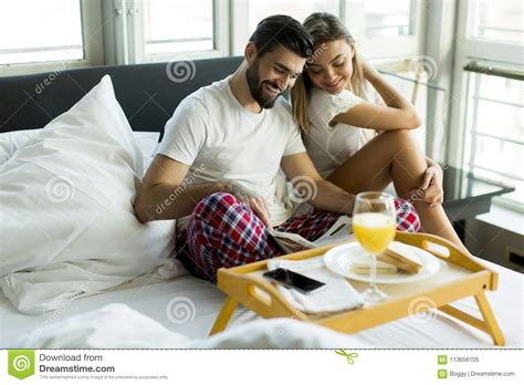 Romantic Couple Having Breakfast In Bed Stock Image Image Of