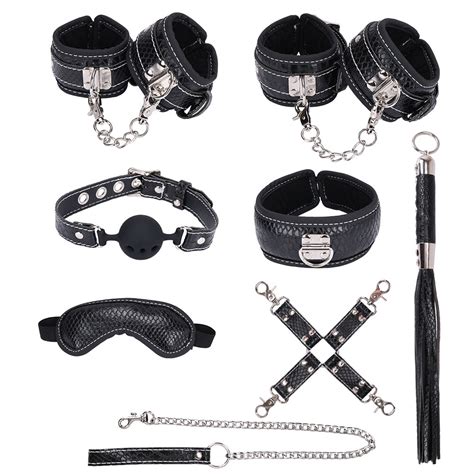 Senior Pvc Bdsm Bondage Set Collar Sexy Lingerie Hand Ankle Cuffs Mouth Gag Mask Whip Rope Bed