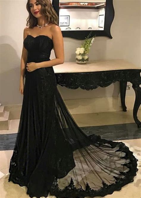 A Line Sweetheart Black Tulle Prom Dress With Appliques On Luulla