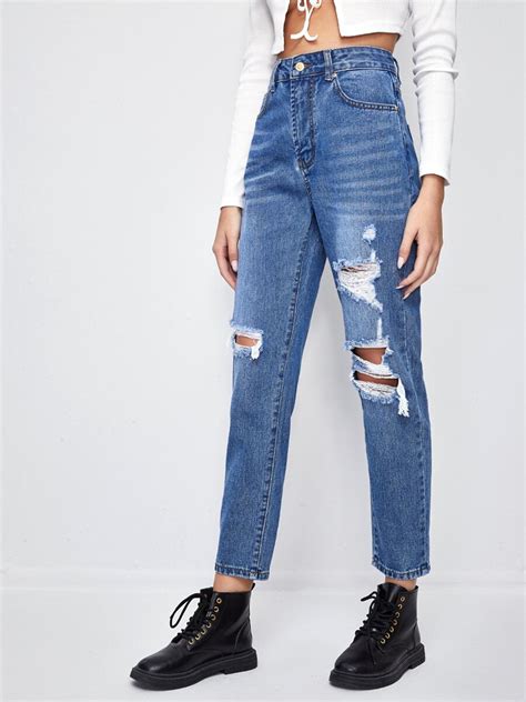 solid ripped mom jeans shein