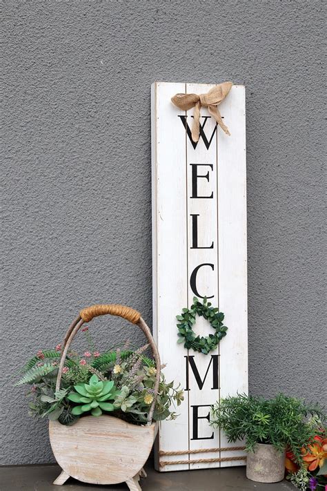 Vertical Wooden Welcome Sign Plaque with Wreath Wall ...