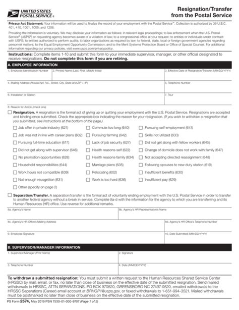 Ps Form 2574 Download Printable Pdf Or Fill Online Resignationtransfer