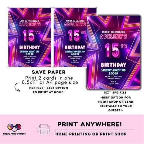 Editable Girl 15th Birthday Invitation Neon Glow In The Dark Etsy