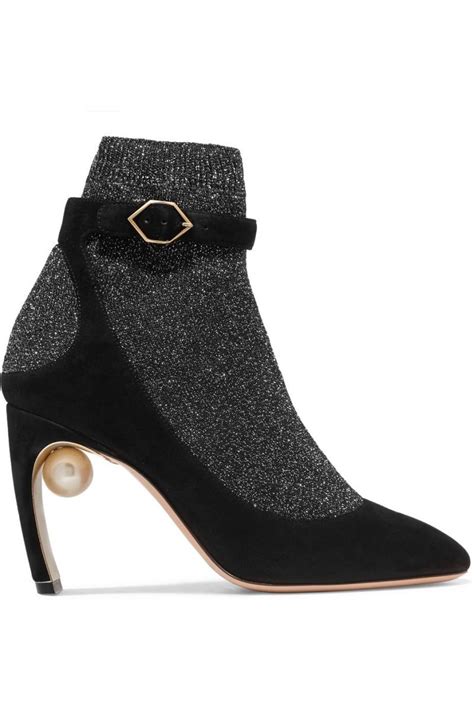 Black Womens Nicholas Kirkwood Boots Lola Embellished Metallic Stretch Knit And Suede Sock