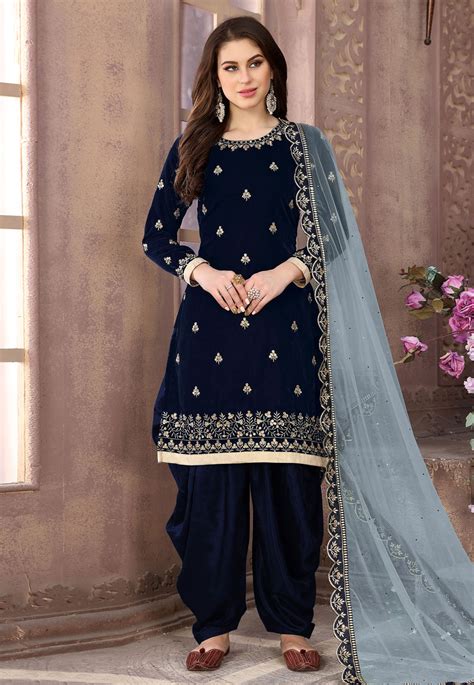 Navy Blue Velvet Embroidered Punjabi Suit 194854 Types Of Dresses Patiala Suit Set Dress