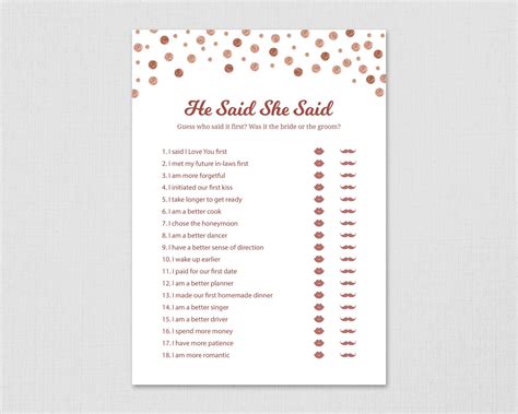Guess Who Said It First Bride Or Groom He Said She Said Game Printable Rose Gold Confetti
