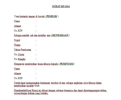 Pelanduk menyatakan dengan sesungguhnya bahwa 1 (satu) unit kendaraan berupa sepeda motor / mobil dengan spesifikasi. Contoh Format Surat Kuasa Penggunaan Kendaraan untuk Grab ...