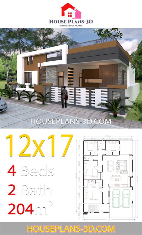 Looking for a perfect four bed room house design?. House design 12x17 with 4 bedrooms Terrace roof - House ...