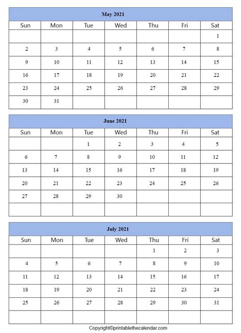 May June July 2021 Calendar Free Printable Template Printable The