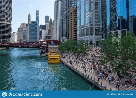 Beautiful Chicago River Scene Where Water Taxi Stops At Riverwalk Where