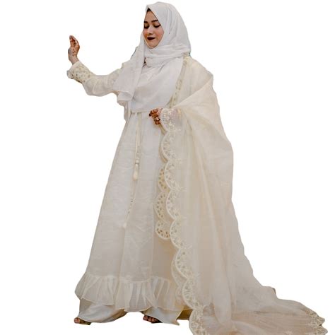 Islamic Modest Wedding Dress For Women White Color Pearl Stone Long
