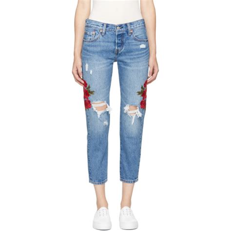 Levis Blue Embroidered 501 Taper Jeans Levis