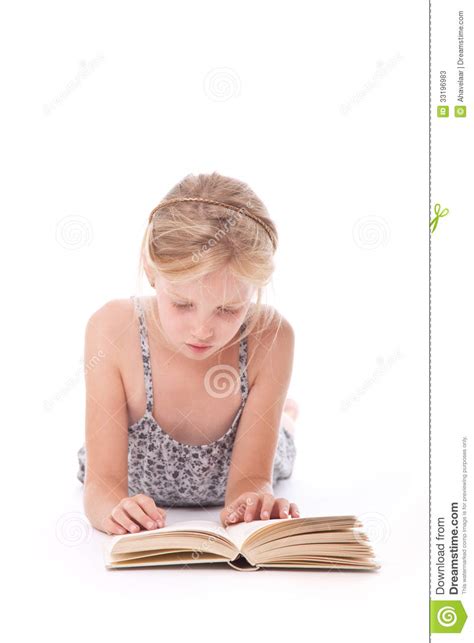 He lay on the floor. Young Girl Reading A Book Against White Background Stock ...