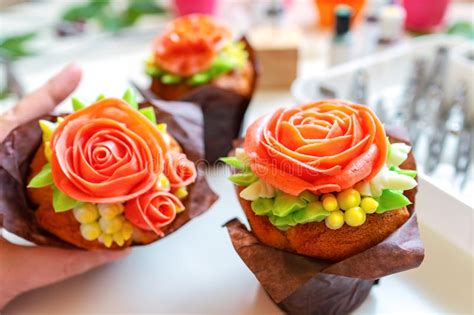 Cupcake With Rose, From Korean Buttercream, Dessert Stock ...