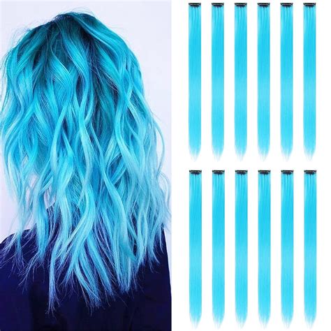 12pcs colored sky blue hair extensions party highlights colorful clip in hair