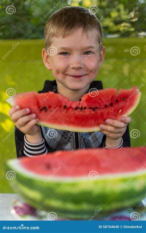 Little Funny Boy Eating Watermelon Happy Stock Photo Image 58764640