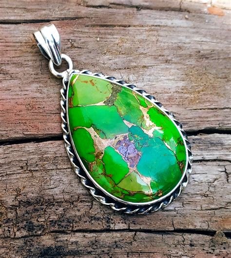 Green Turquoise Pendant 92 5 Silver Pendant Mohave Etsy