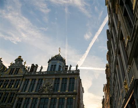 Sunset In Grand Place Market Of Brussels In Belgium With Blue Sky And