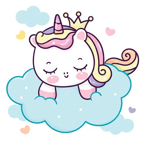 Premium Vector Cute Unicorn Princess Cartoon Sleep On Cloud Kawaii