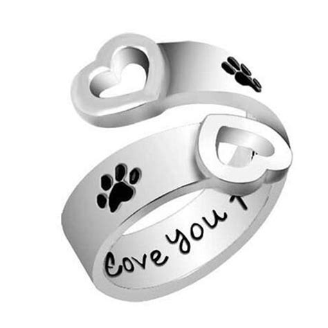 Love Heart Animal Jewelry Dog Paw Print Ring Vintage Women Dog Paw Open